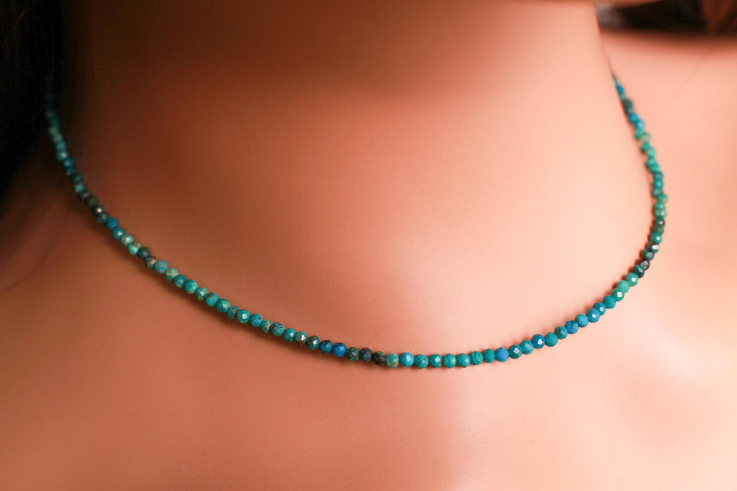 Natural Chrysocolla 2mm Faceted Round with 14k Gold Filled 2mm spacer bead and clasp ,Choker Layering Elegant Necklace Gift Chakra Healing