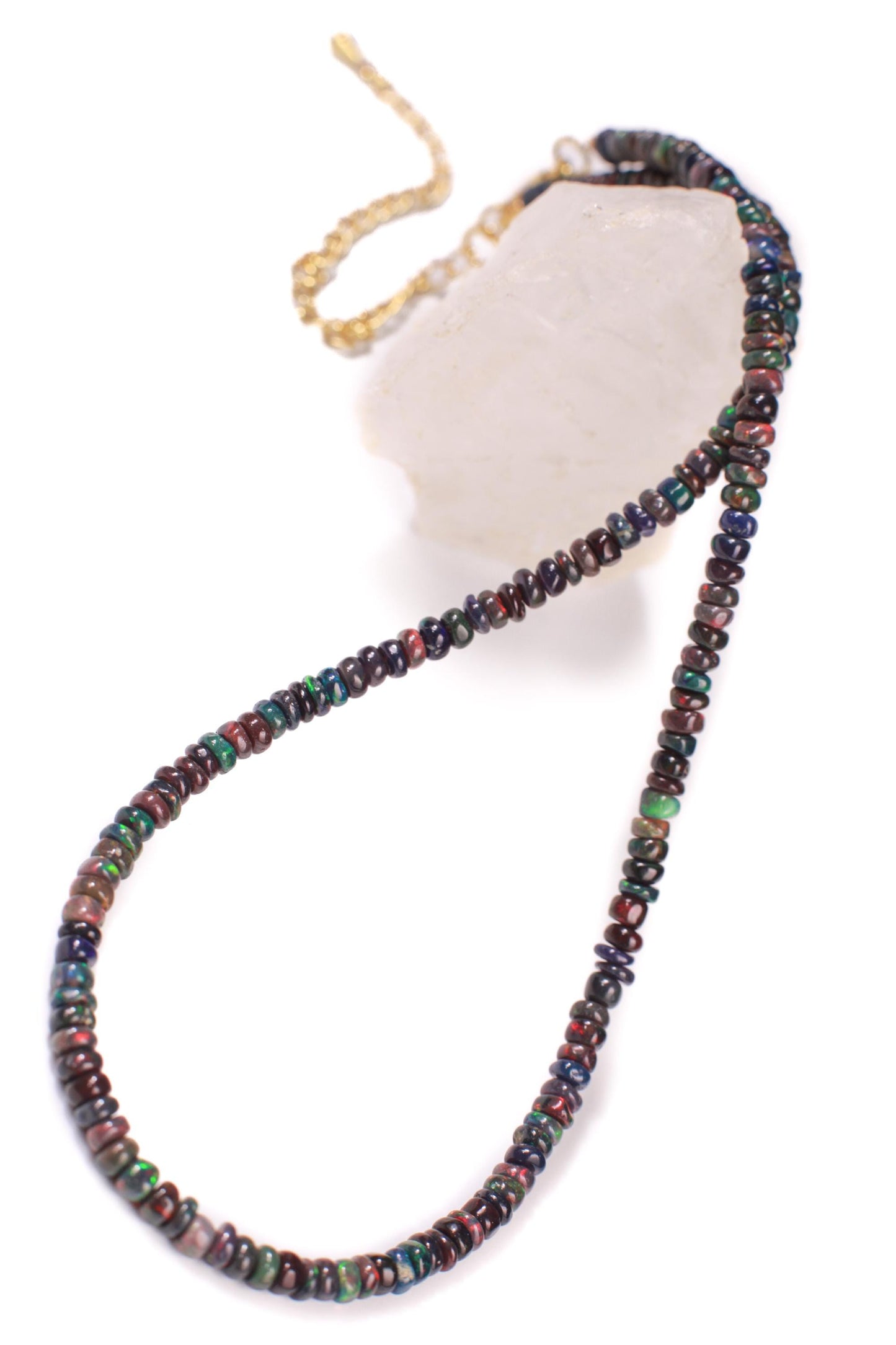 Genuine Ethiopian black Fire Opal, Welo Opal 3.5mm smooth roundel Gold clasp necklace. Elegant gift