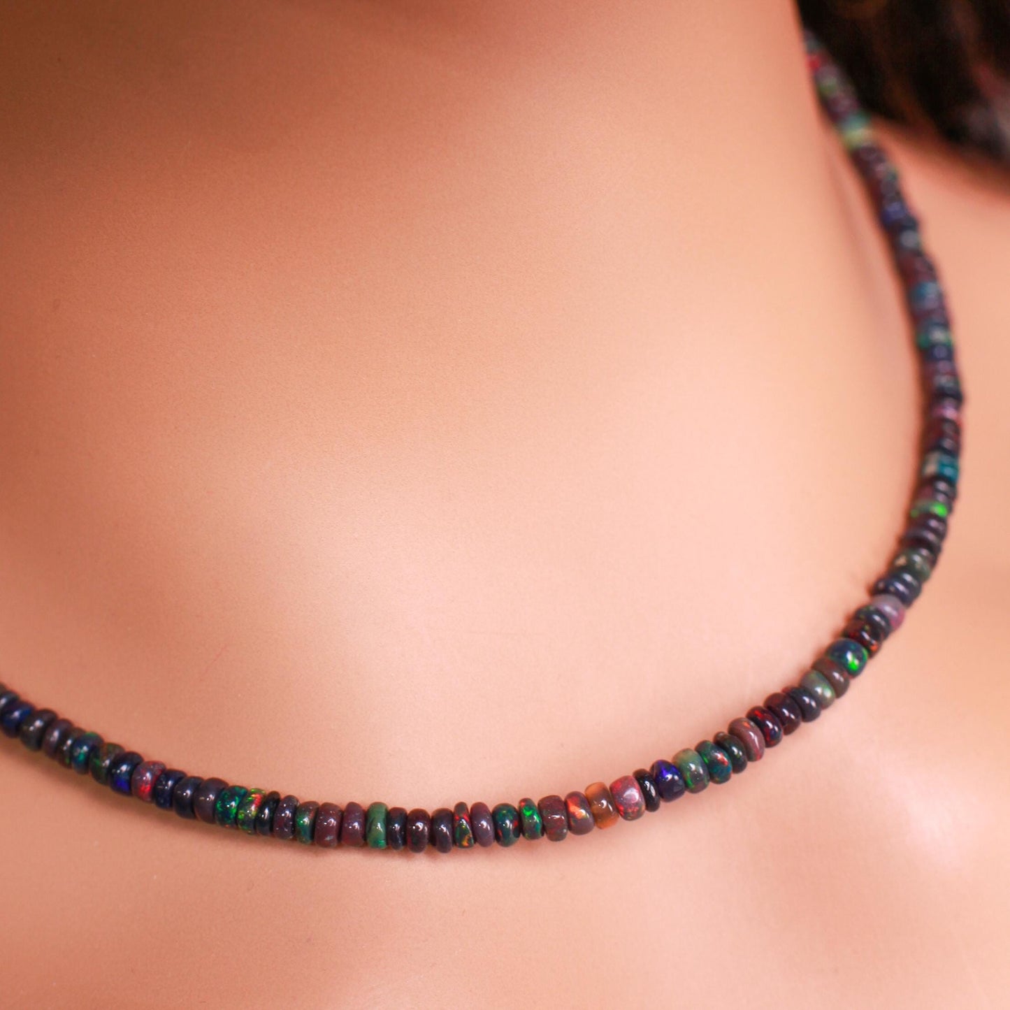 Genuine Ethiopian black Fire Opal, Welo Opal 3.5mm smooth roundel Gold clasp necklace. Elegant gift