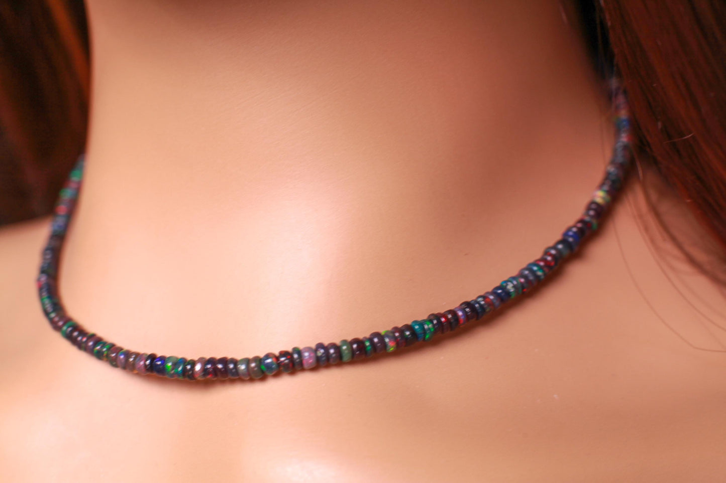 Genuine Ethiopian black Fire Opal, Welo Opal 3.5mm smooth roundel Gold clasp necklace. Elegant gift