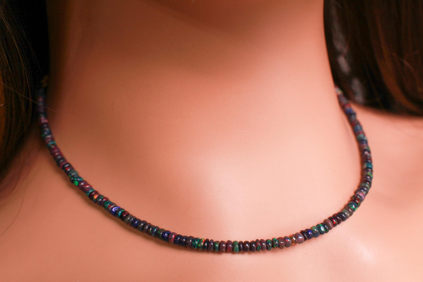 Genuine Ethiopian black Fire Opal, Welo Opal 3.5mm smooth roundel Gold clasp necklace. Elegant gift