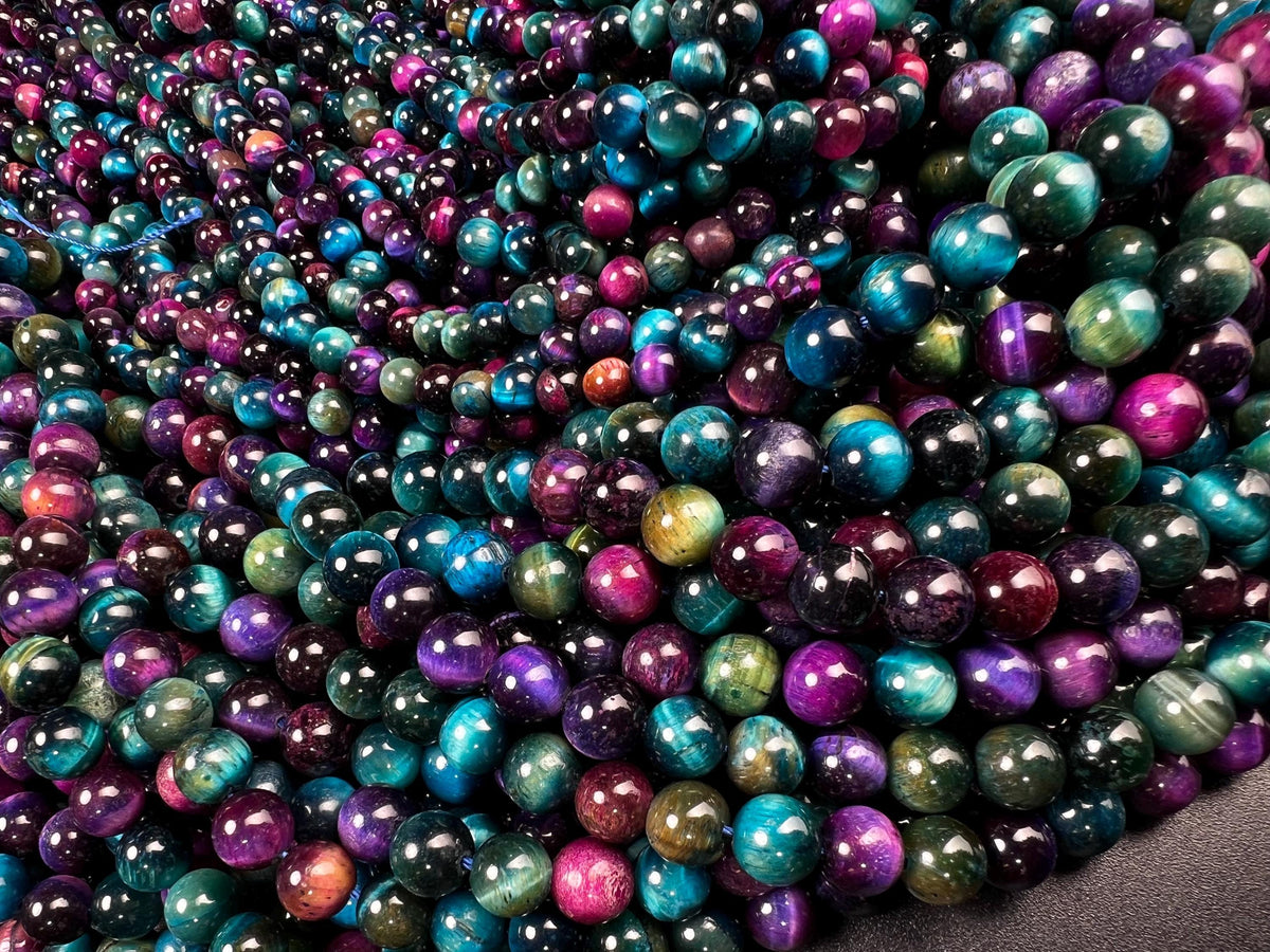 Galaxy Tiger Eye Smooth Round beads for, Jewelry Making Natural Gemstone Beads. 6mm, 8mm 14.5” full strand blue green pink purple