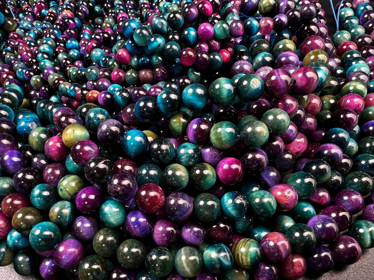Galaxy Tiger Eye Smooth Round beads for, Jewelry Making Natural Gemstone Beads. 6mm, 8mm 14.5” full strand blue green pink purple