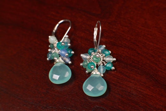 Natiral Aqua Chalcedony Heart cascade Earrings, 925 Sterling Silver, Bridesmaid Gift
