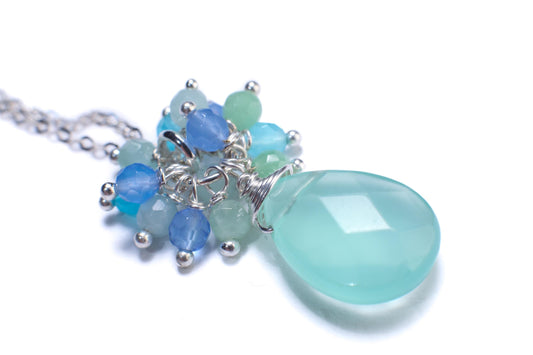 Natural Aqua Chalcedony Faceted Pear Drop 13x21mm, Wire Wrapped Faceted 4mm Sky Blue Quartz Clusters in 927 Sterling Silver Clasp and Chain