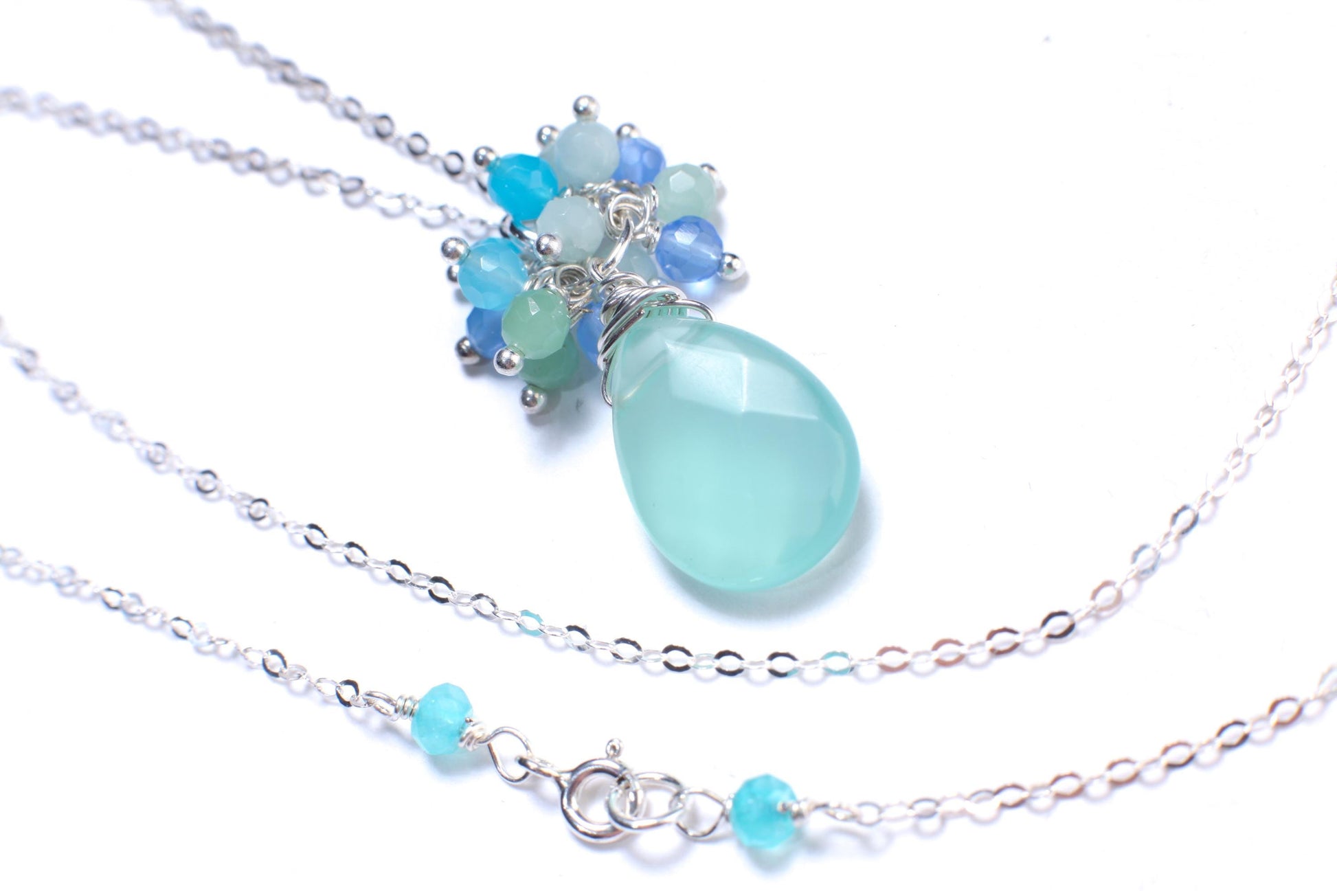 Natural Aqua Chalcedony Faceted Pear Drop 13x21mm, Wire Wrapped Faceted 4mm Sky Blue Quartz Clusters in 927 Sterling Silver Clasp and Chain