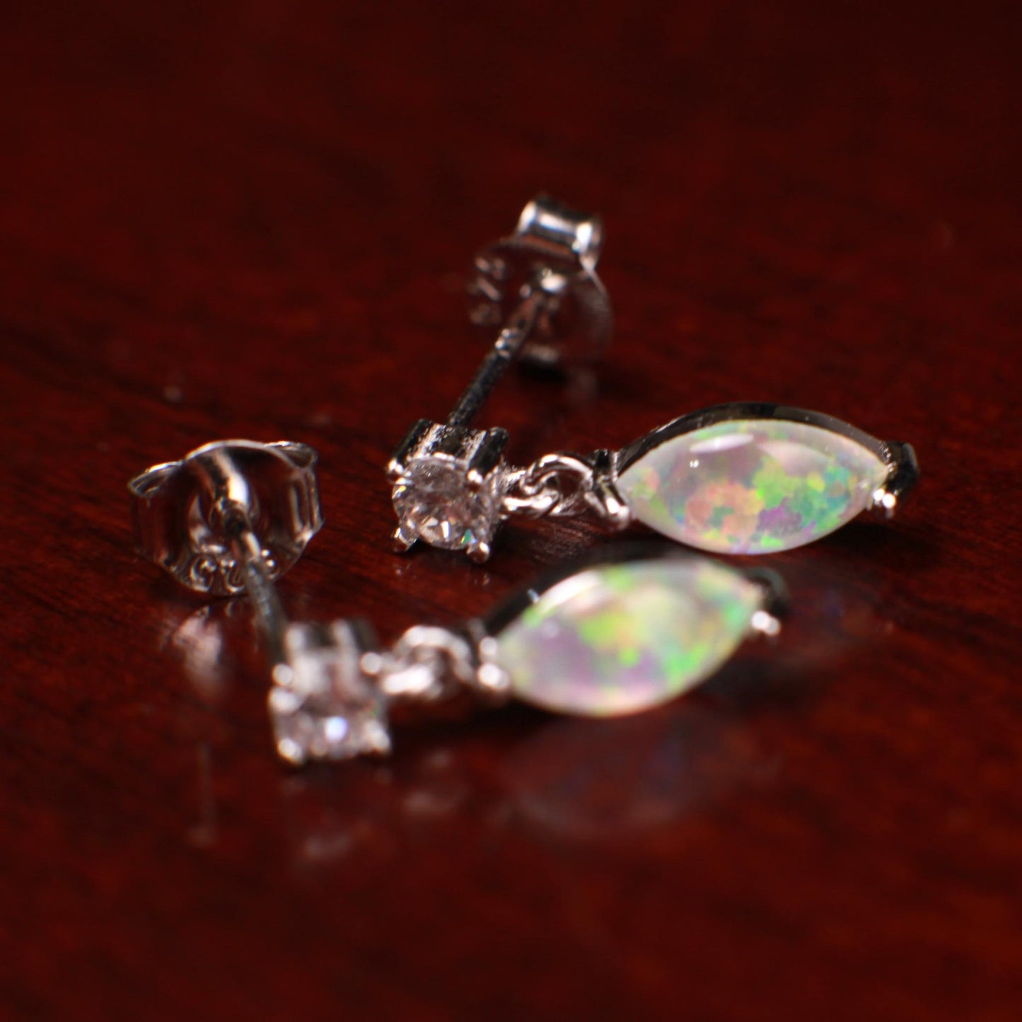 Ethiopian Fire Welo Opal, 4x9mm Marquise CZ Dangling Stud Earrings 925 Sterling Silver, Gold Vermeil, AAA Quality Fiery Dainty Earrings