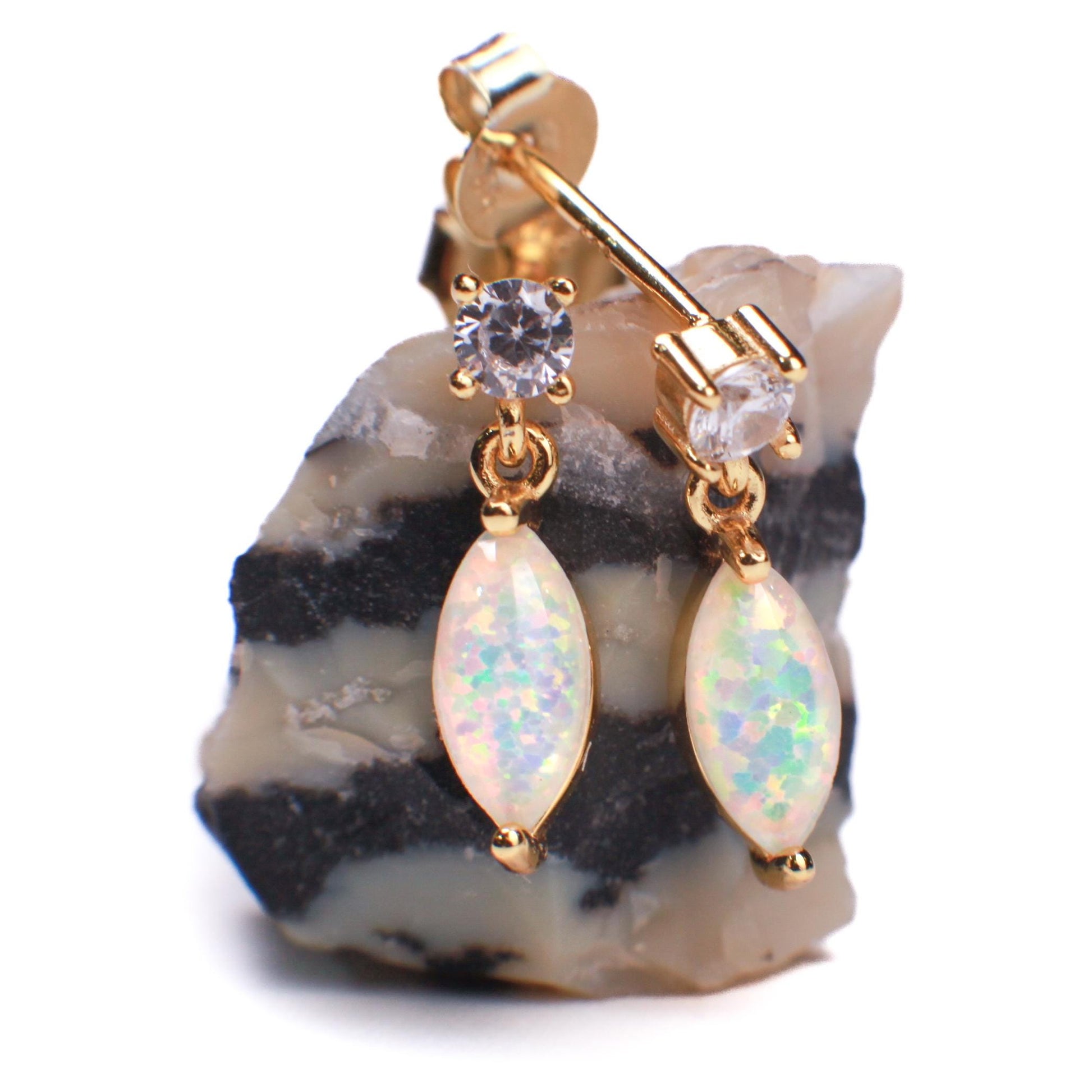 Ethiopian Fire Welo Opal, 4x9mm Marquise CZ Dangling Stud Earrings in Gold Vermeil, AAA Quality Fiery Dainty Earrings