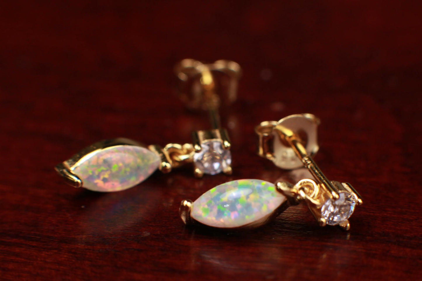 Ethiopian Fire Welo Opal, 4x9mm Marquise CZ Dangling Stud Earrings in Gold Vermeil, AAA Quality Fiery Dainty Earrings