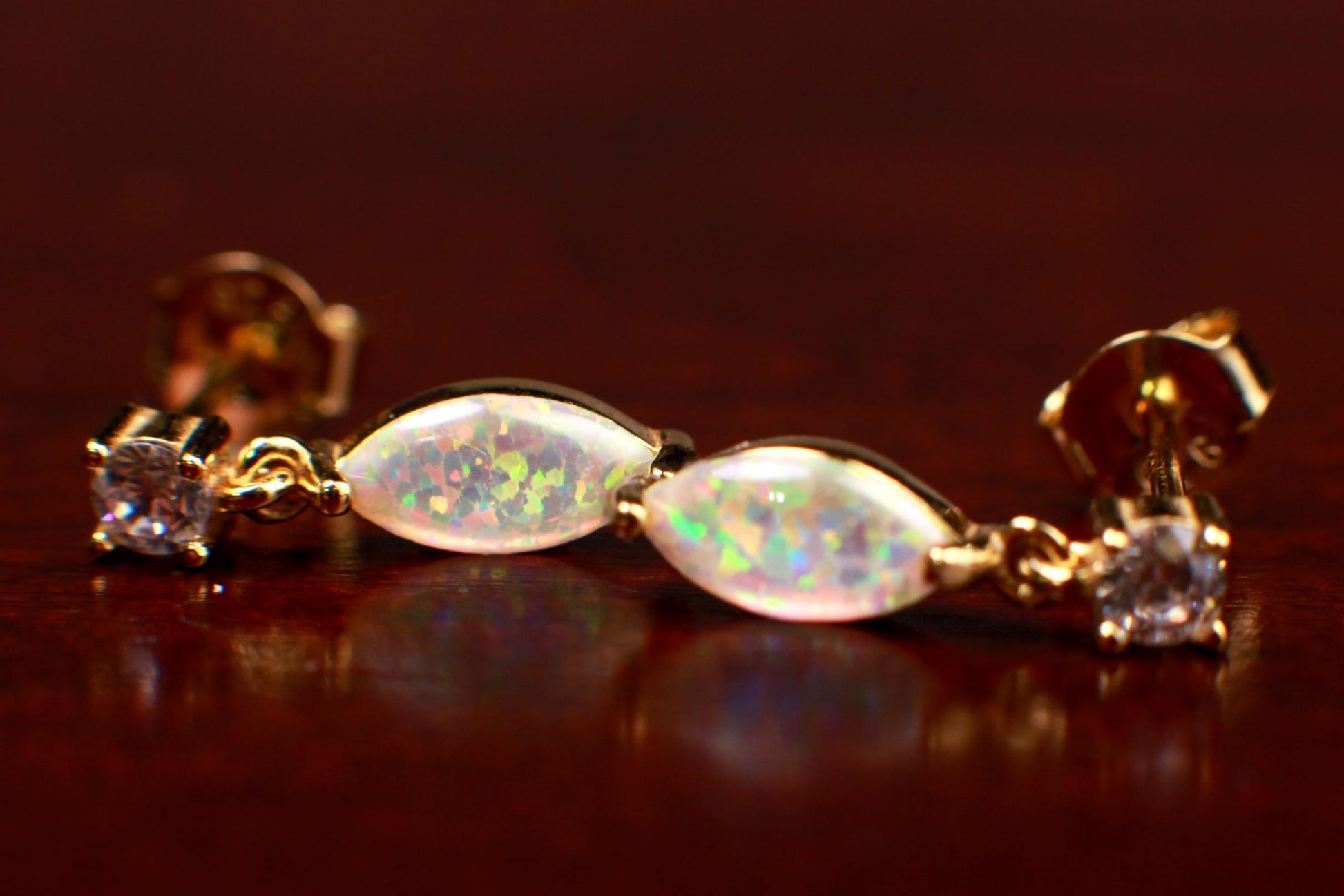 Ethiopian Fire Welo Opal, 4x9mm Marquise CZ Dangling Stud Earrings in Gold Vermeil, AAA Quality Fiery Dainty Earrings