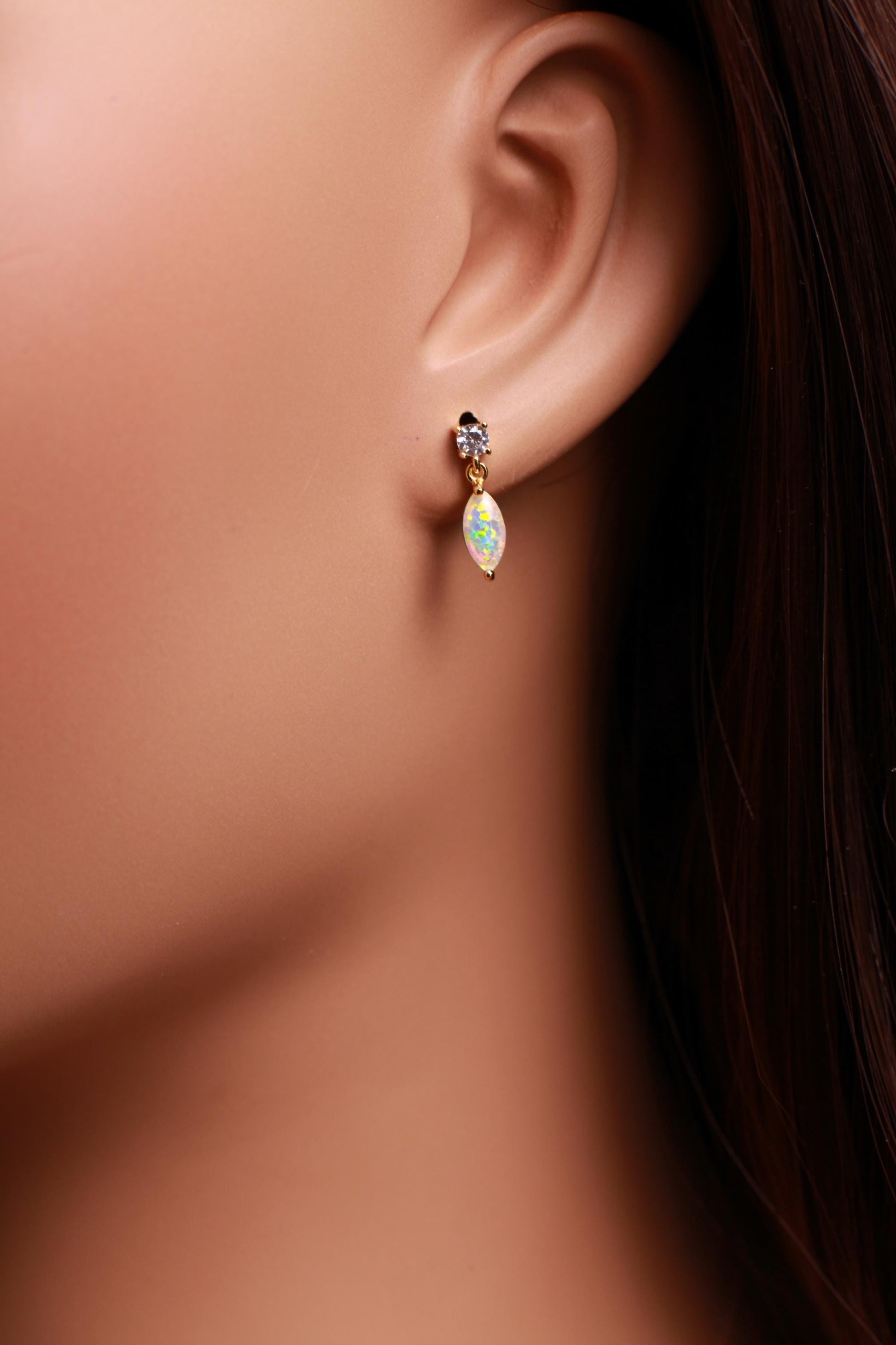 Ethiopian Fire Welo Opal, 4x9mm Marquise CZ Dangling Stud Earrings in Gold Vermeil, AAA Quality Fiery Dainty Earrings