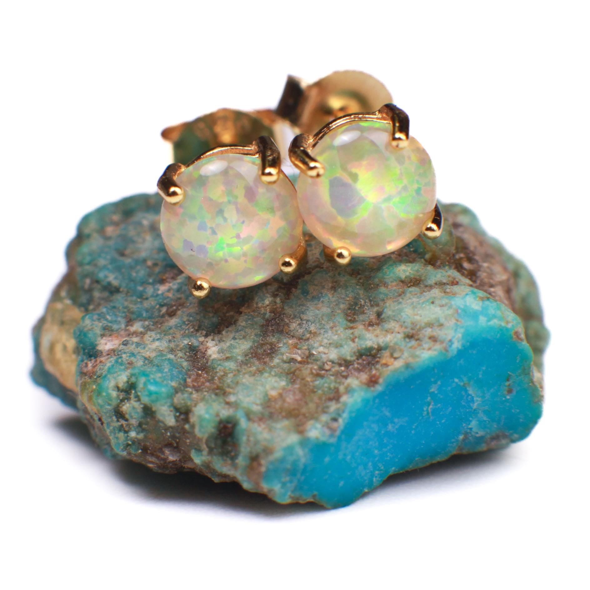 Ethiopian Fire Welo Opal 6mm Stud Earrings in Gold Vermeil, AAA Quality Fiery Welo Opal Dainty Elegant Earrings, Gift