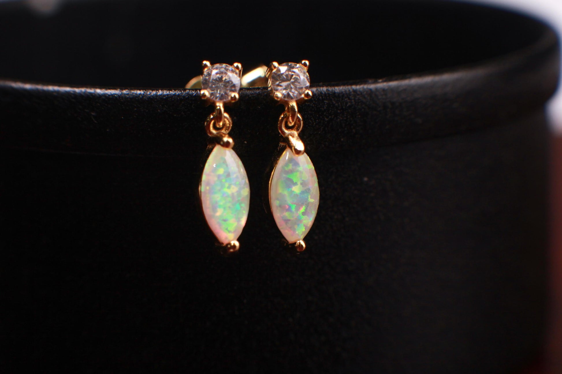 Ethiopian Fire Welo Opal, 4x9mm Marquise CZ Dangling Stud Earrings 925 Sterling Silver, Gold Vermeil, AAA Quality Fiery Dainty Earrings