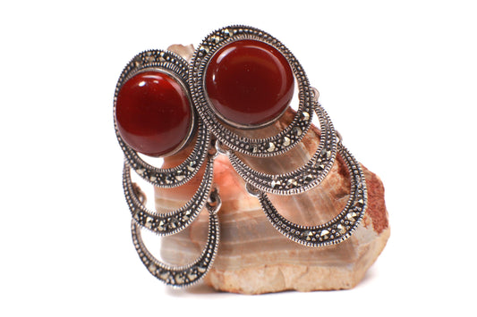 Vintage Marcasite 925 Sterling Silver 16mm Carnelian, Dangle Moving Hoops, One of a Kind Marcasite Gemstone Earrings