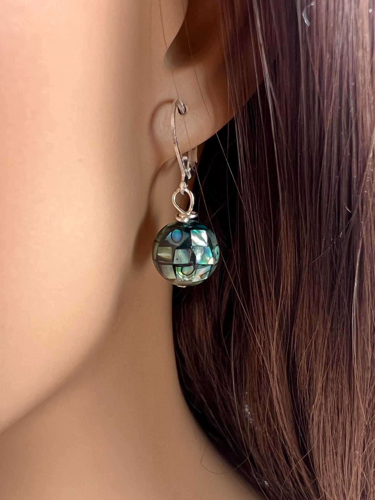 Natural Abalone Pua Shell Mosaic Disco Ball 12.5mm Round Earrings 925 Sterling silver gold,Blue green rainbow handmade Gift for Her