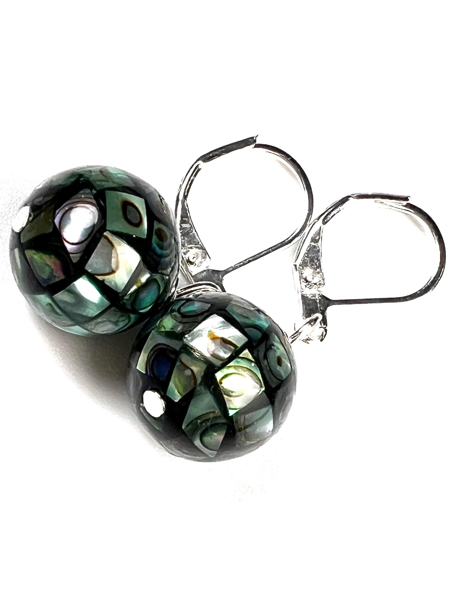 Natural Abalone Pua Shell Mosaic Disco Ball 12.5mm Round Earrings 925 Sterling silver gold,Blue green rainbow handmade Gift for Her