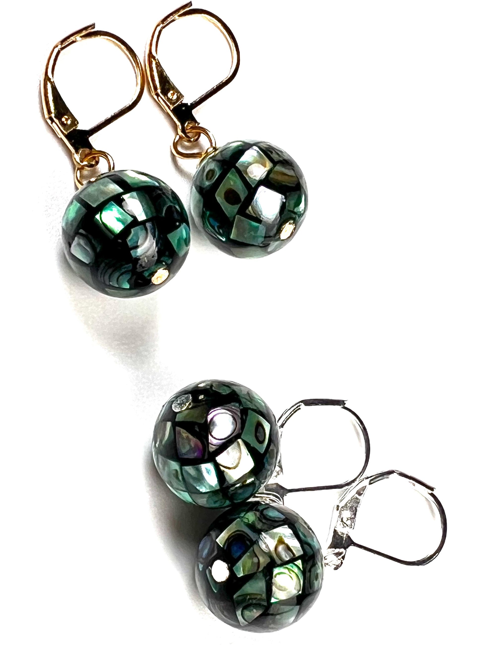 Natural Abalone Pua Shell Mosaic Disco Ball 12.5mm Round Earrings 925 Sterling silver gold,Blue green rainbow handmade Gift for Her