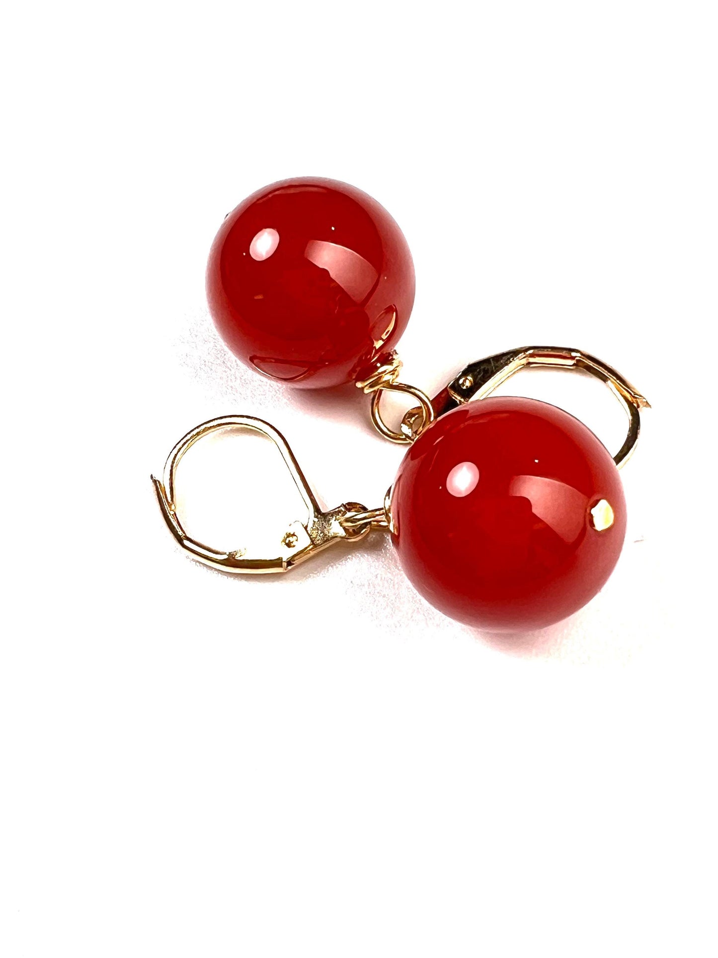 Natural Carnelian Red 14mm large smooth round gold leverback earring, minimalist simple handmade gift