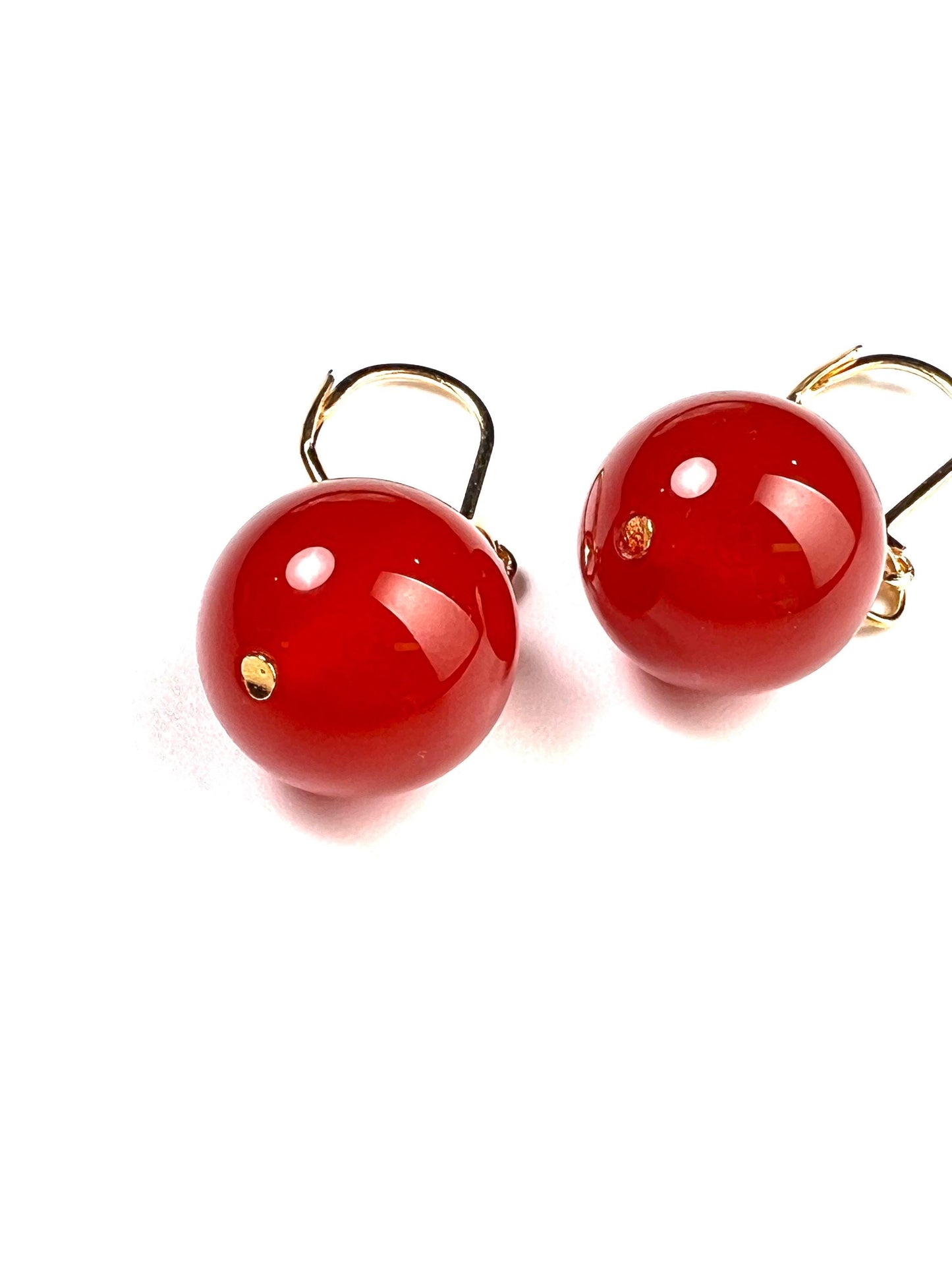 Natural Carnelian Red 14mm large smooth round gold leverback earring, minimalist simple handmade gift