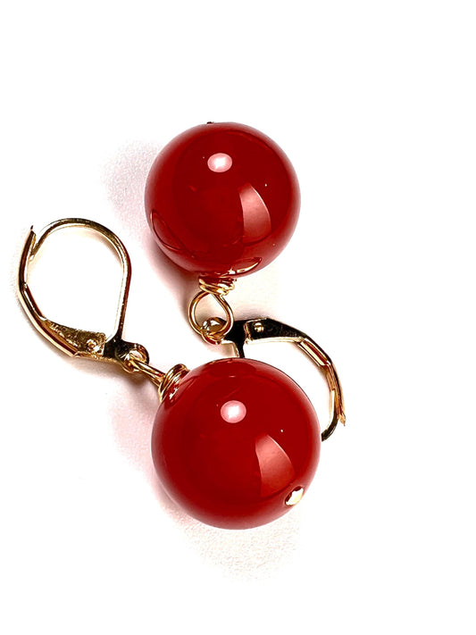 Natural Carnelian Red 14mm large smooth round gold leverback earring, minimalist simple handmade gift