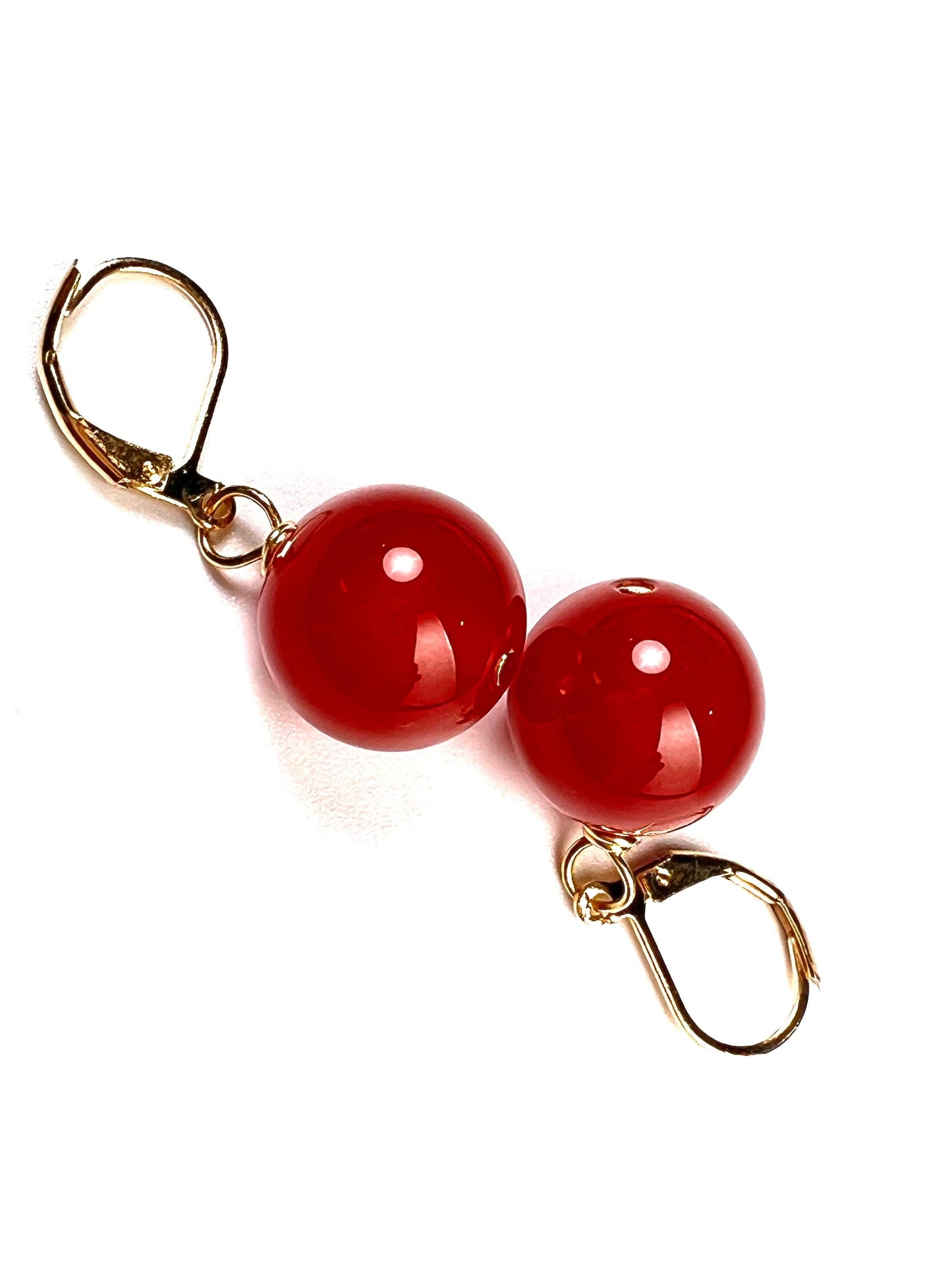 Natural Carnelian Red 14mm large smooth round gold leverback earring, minimalist simple handmade gift