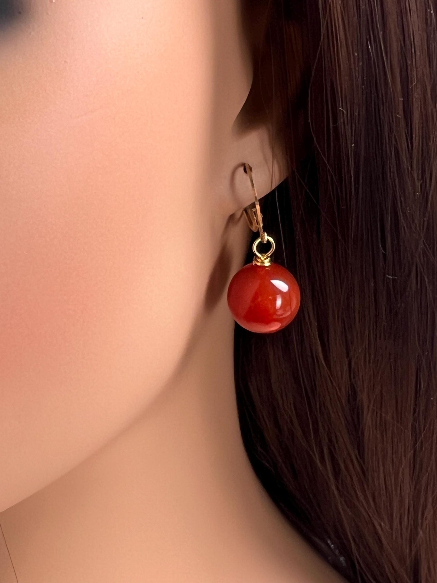 Natural Carnelian Red 14mm large smooth round gold leverback earring, minimalist simple handmade gift