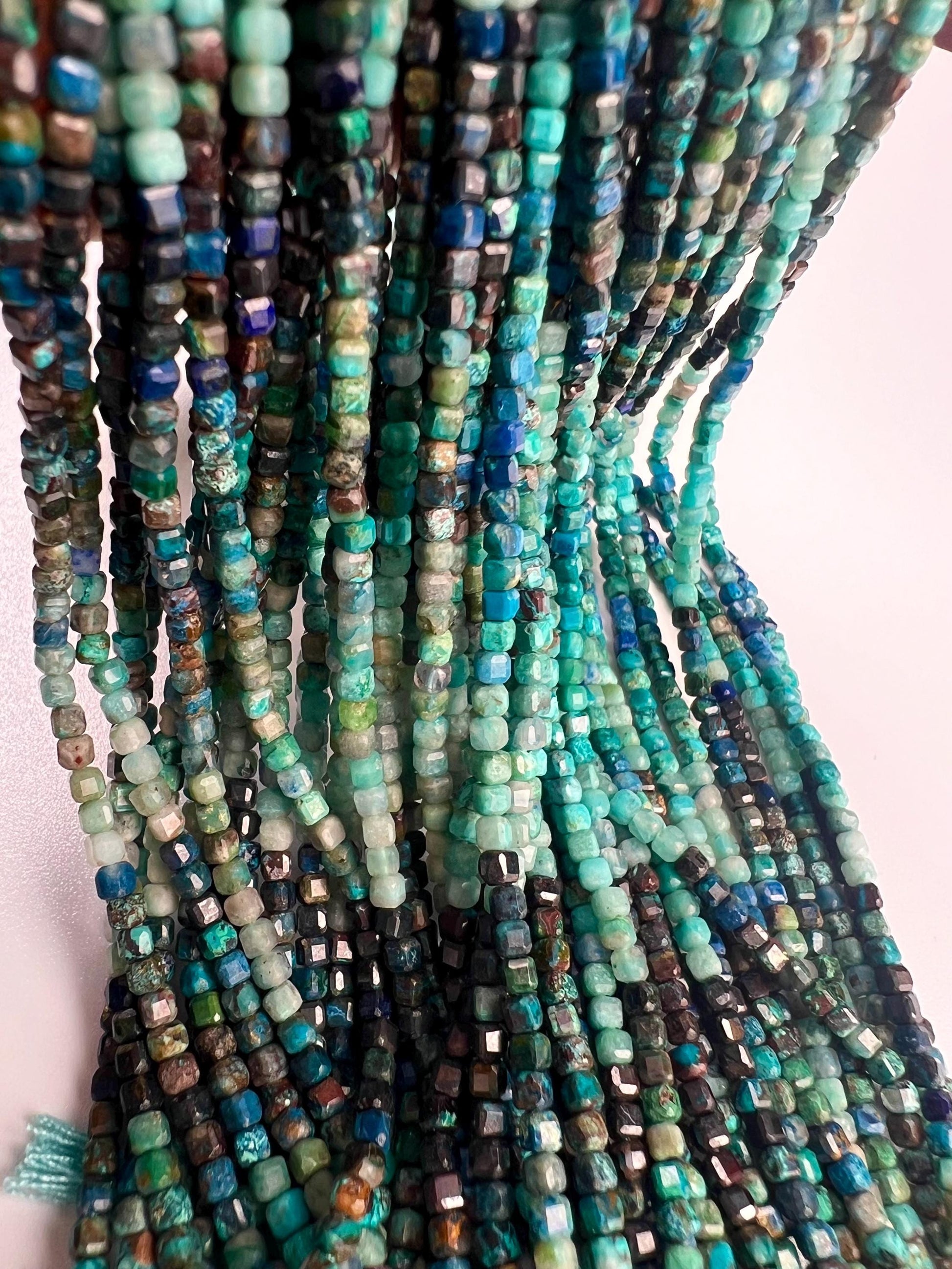 Natural Chrysocolla 2.5-3mm Square cube Faceted Micro cut beads 12.5” Strand, Beautiful blue green jewelry making beads approx 125 beads