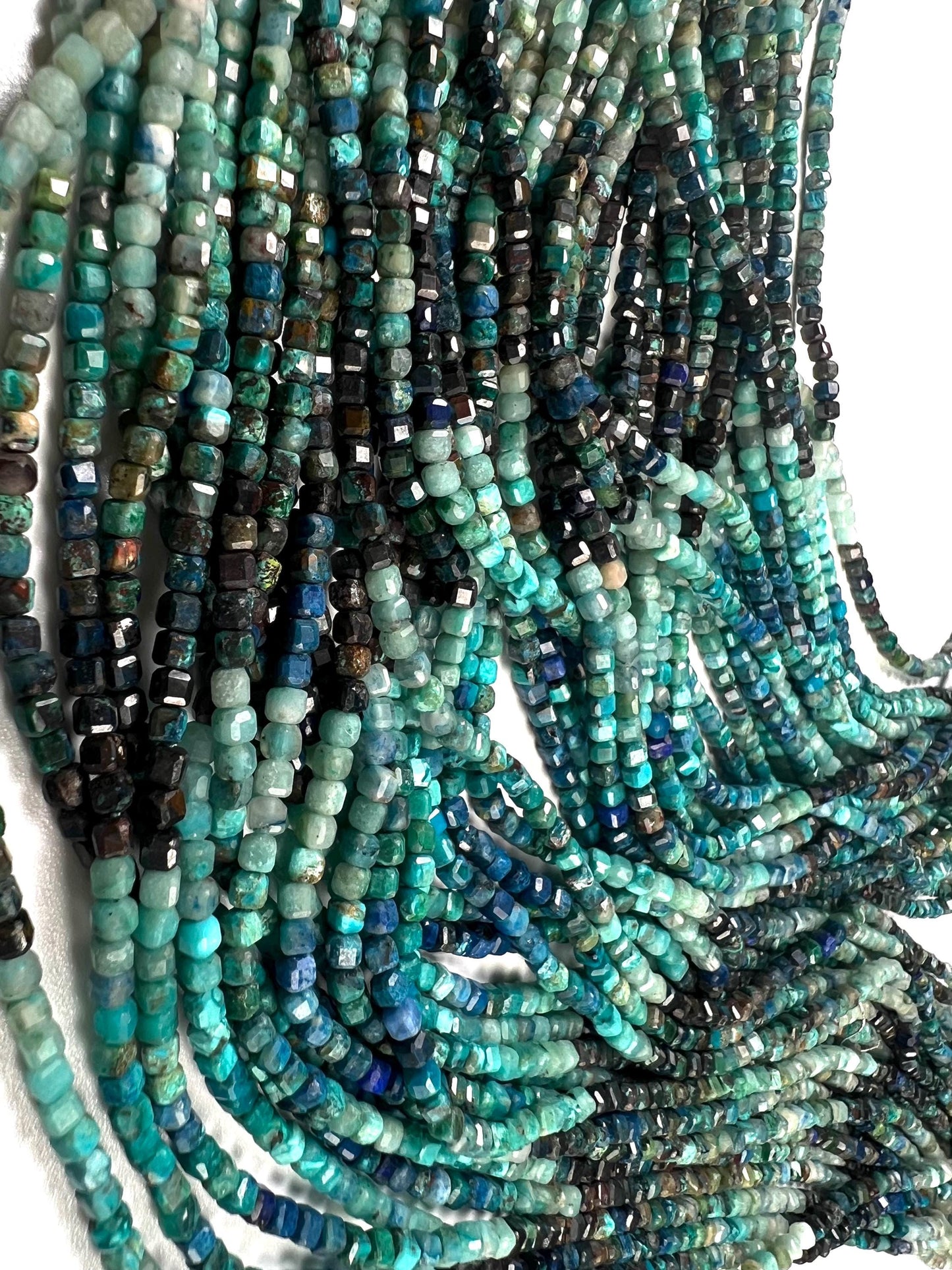 Natural Chrysocolla 2.5-3mm Square cube Faceted Micro cut beads 12.5” Strand, Beautiful blue green jewelry making beads approx 125 beads