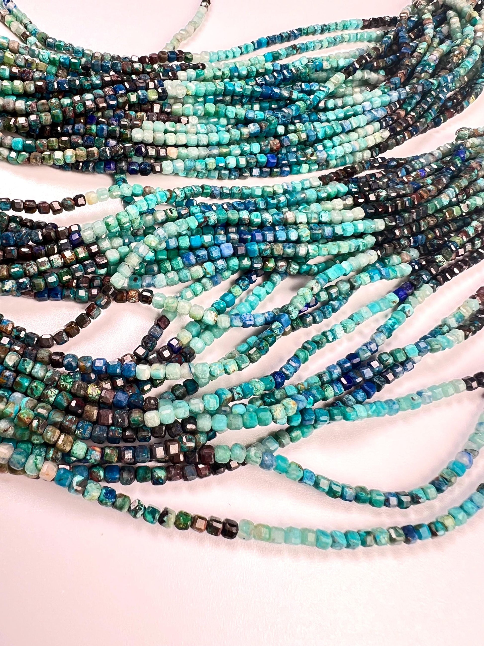 Natural Chrysocolla 2.5-3mm Square cube Faceted Micro cut beads 12.5” Strand, Beautiful blue green jewelry making beads approx 125 beads