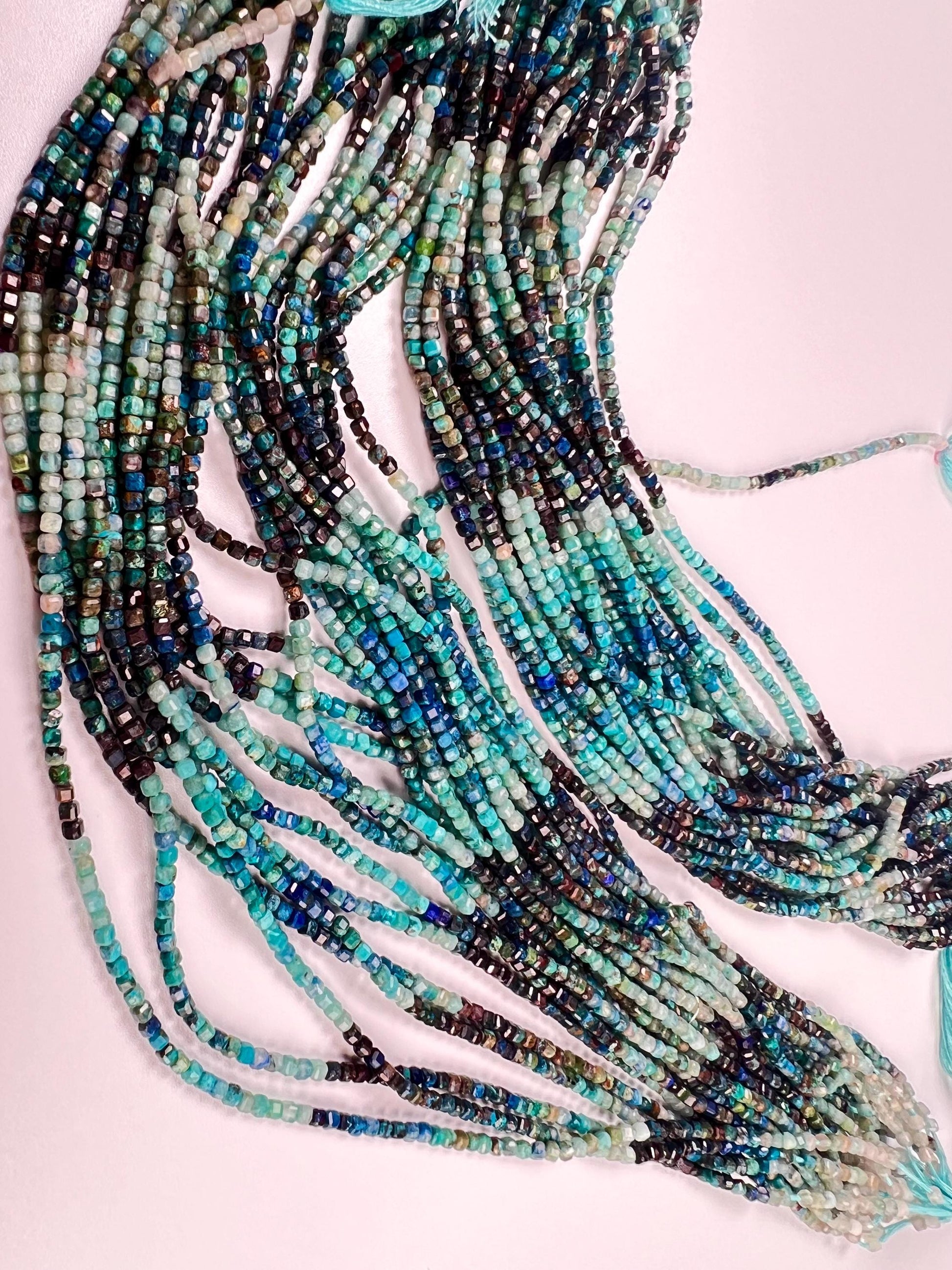 Natural Chrysocolla 2.5-3mm Square cube Faceted Micro cut beads 12.5” Strand, Beautiful blue green jewelry making beads approx 125 beads