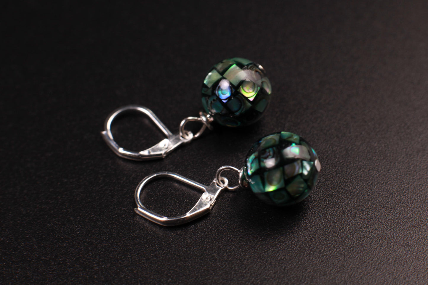 Natural Abalone Pua Shell Mosaic Disco Ball 12.5mm Round Earrings 925 Sterling silver gold,Blue green rainbow handmade Gift for Her