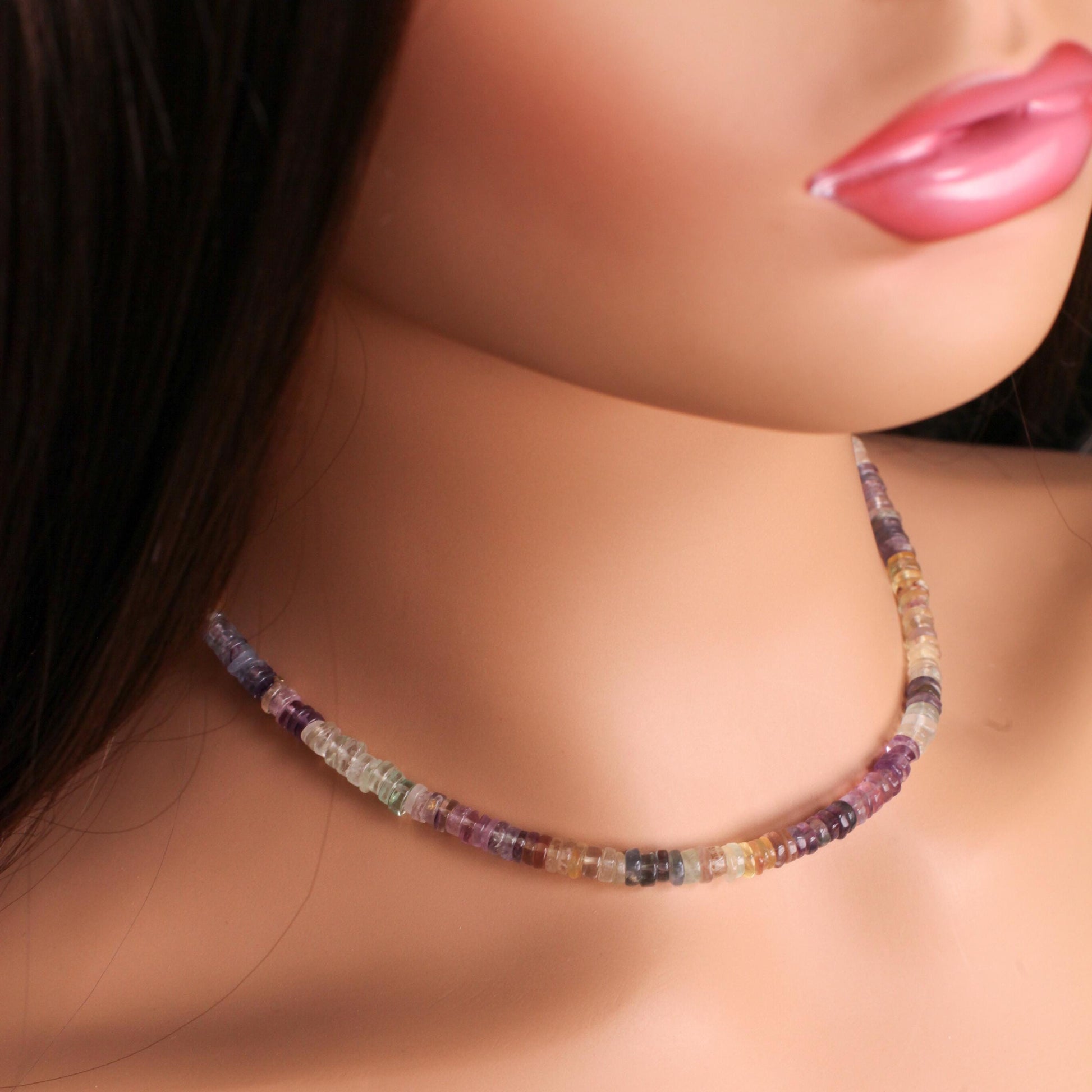 Natural Fluorite Heishi Roundel 4-5mm beautiful purple yellow shaded Necklace for Man and Woman in Silver Lobster clasp, Beach Gift