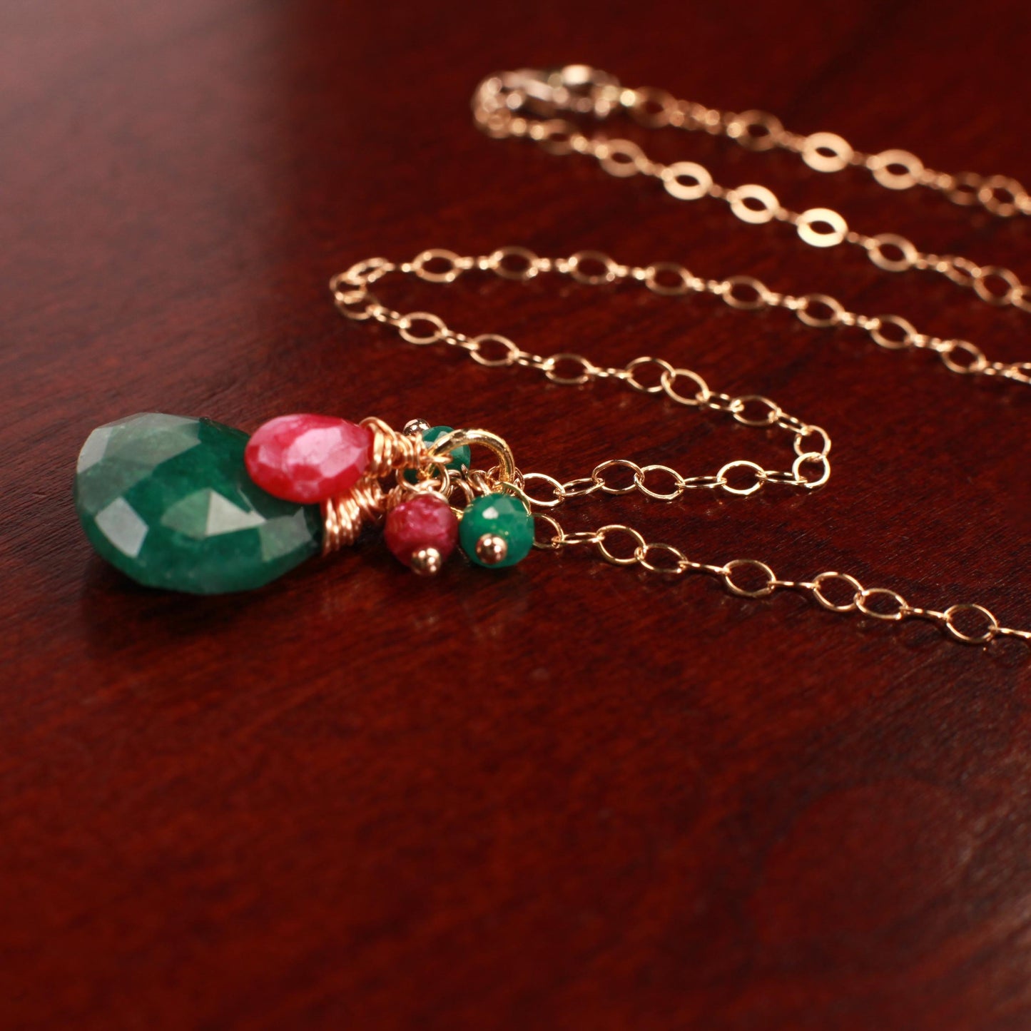 Genuine Emerald Large 16mm Faceted Heart Shape Pendant Wire Wrapped Ruby, Emerald Cascade in 14K Gold Filled Necklace, Elegant Handmade Gift