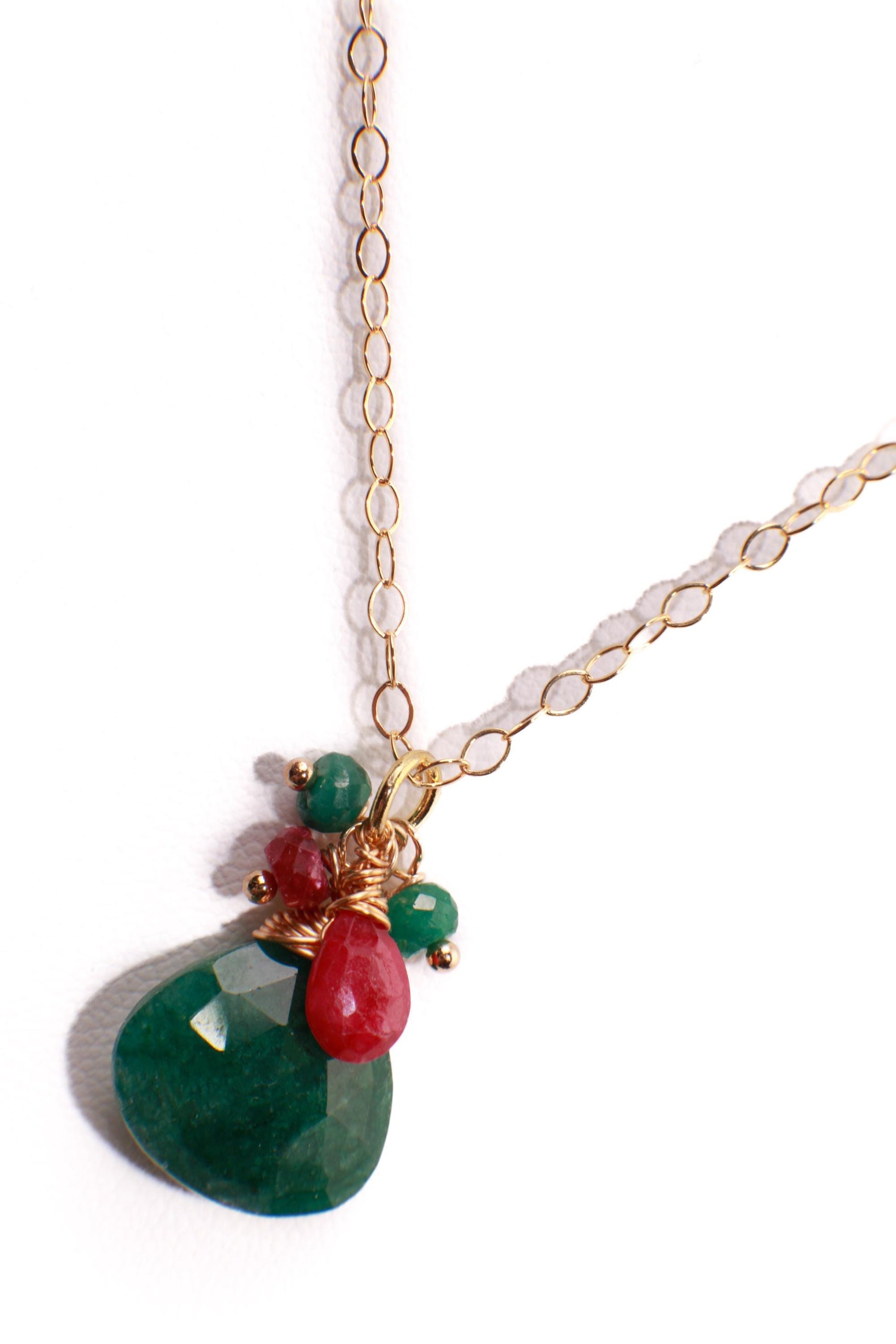 Genuine Emerald Large 16mm Faceted Heart Shape Pendant Wire Wrapped Ruby, Emerald Cascade in 14K Gold Filled Necklace, Elegant Handmade Gift