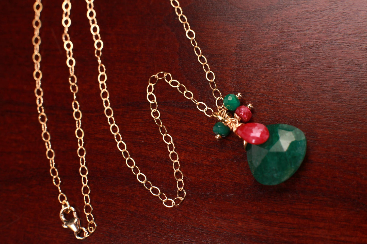 Genuine Emerald Large 16mm Faceted Heart Shape Pendant Wire Wrapped Ruby, Emerald Cascade in 14K Gold Filled Necklace, Elegant Handmade Gift