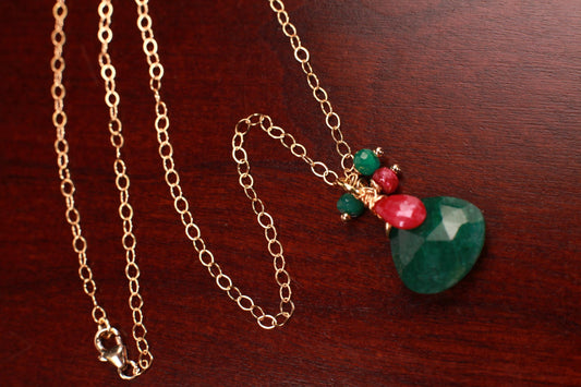 Genuine Emerald Large 16mm Faceted Heart Shape Pendant Wire Wrapped Ruby, Emerald Cascade in 14K Gold Filled Necklace, Elegant Handmade Gift