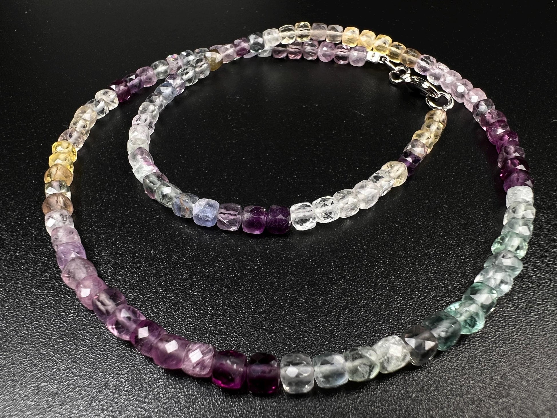 Natural Rainbow Fluorite square Cube Faceted beaded Sterling Silver Necklace,Choker Layering,Prom, Graduation June Birthstone, Precious Gift