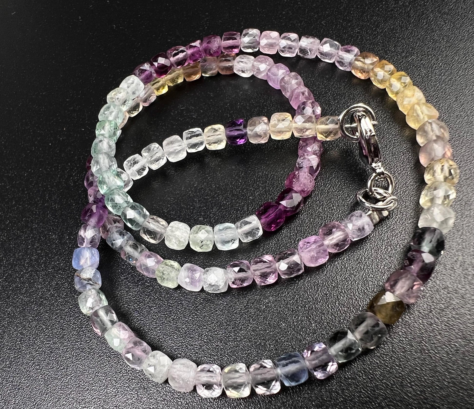 Natural Rainbow Fluorite square Cube Faceted beaded Sterling Silver Necklace,Choker Layering,Prom, Graduation June Birthstone, Precious Gift