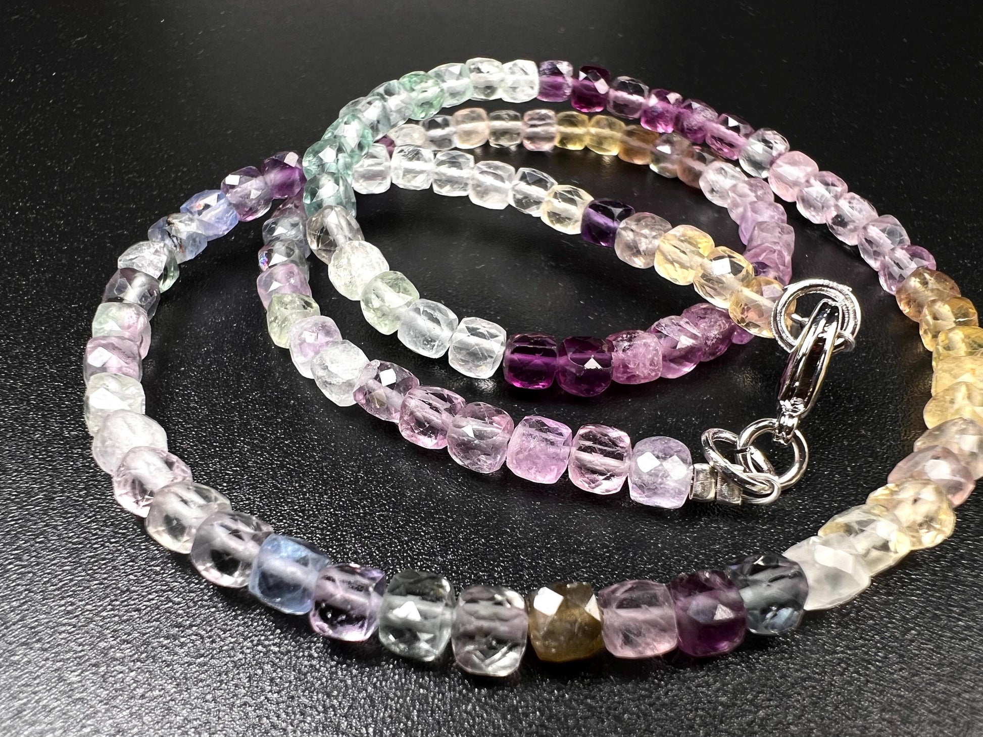 Natural Rainbow Fluorite square Cube Faceted beaded Sterling Silver Necklace,Choker Layering,Prom, Graduation June Birthstone, Precious Gift