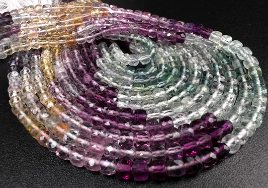 Natural Rainbow Fluorite Faceted Square Cube 4.5mm jewelry making beautiful beads blue purple yellow teal green 12” strand