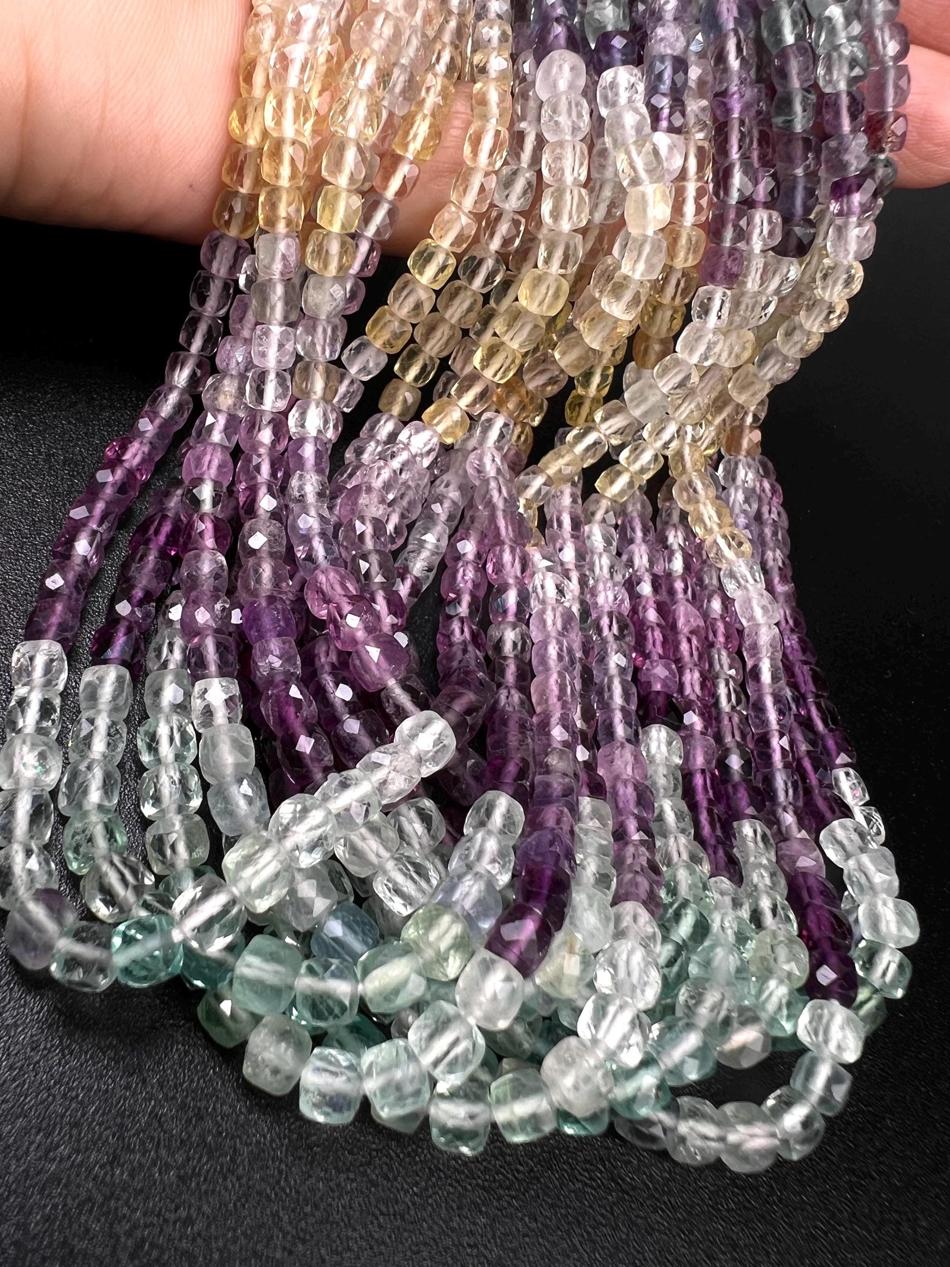Natural Rainbow Fluorite Faceted Square Cube 4.5mm jewelry making beautiful beads blue purple yellow teal green 12” strand