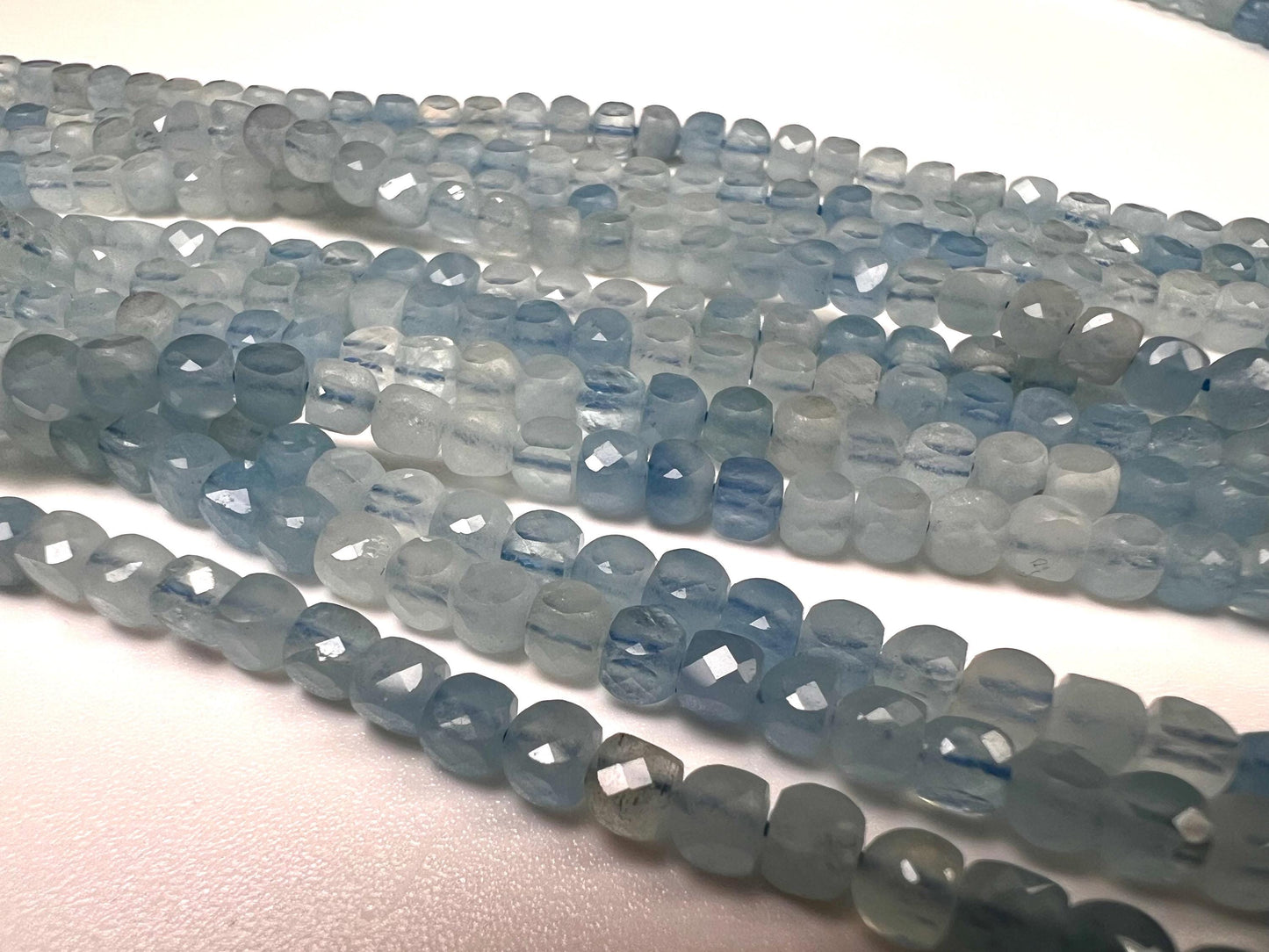 Natural Aquamarine Gemstone Sky Blue Faceted 4mm Square Cube Shape, shaded Aquamarine, Jewelry Making 12" strand.High quality