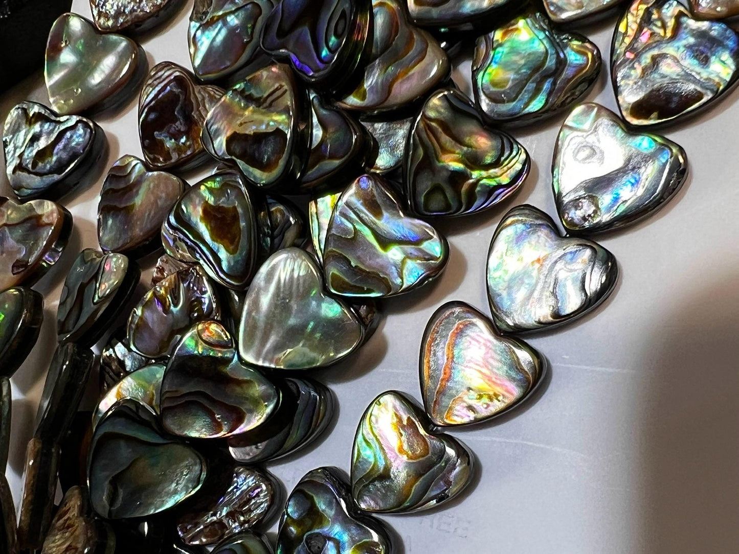 Natural Abalone Paua Shell 12mm double sided Heart shape beads. 5” Strand (12 pcs). Beautiful blue green natural beads