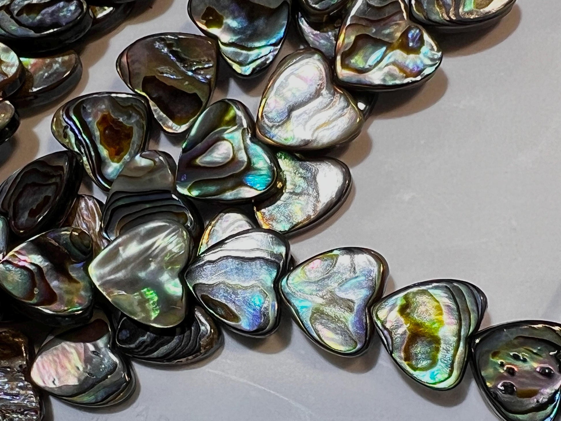 Natural Abalone Paua Shell 12mm double sided Heart shape beads. 5” Strand (12 pcs). Beautiful blue green natural beads