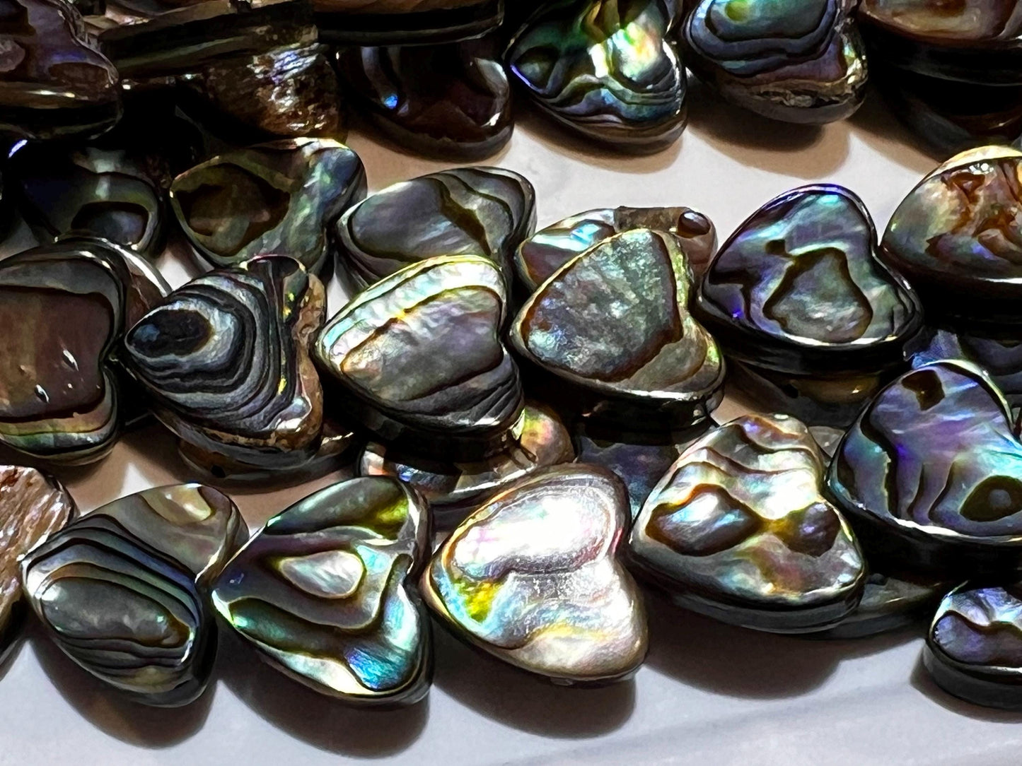 Natural Abalone Paua Shell 12mm double sided Heart shape beads. 5” Strand (12 pcs). Beautiful blue green natural beads