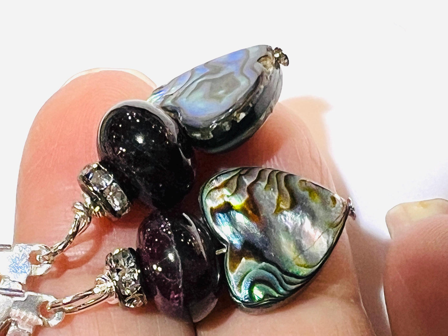 Genuine Abalone 12mm Heart shape double sided with Black Onyx 12mm and rhinestone spacer silver earrings Handmade Gift for Her