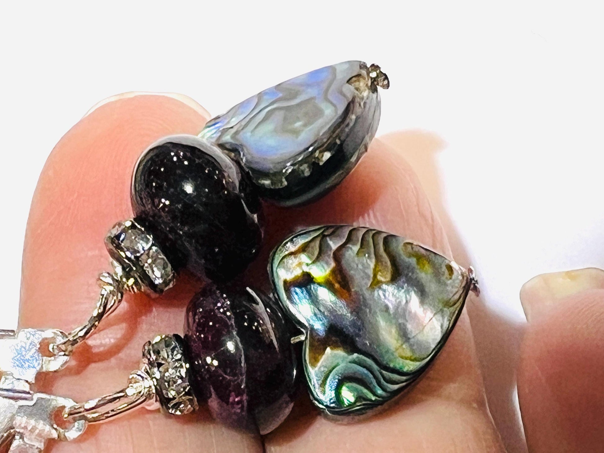 Genuine Abalone 12mm Heart shape double sided with Black Onyx 12mm and rhinestone spacer silver earrings Handmade Gift for Her