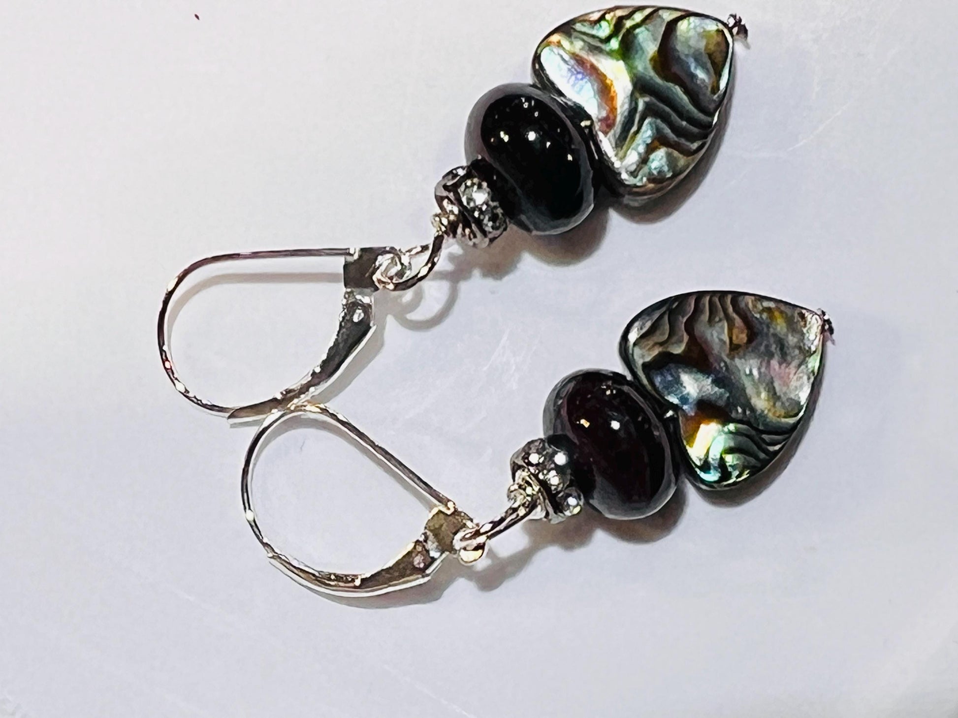 Genuine Abalone 12mm Heart shape double sided w/Garnet smooth 12mm and rhinestone spacer 925 Sterling silver earrings Handmade Gift for Her