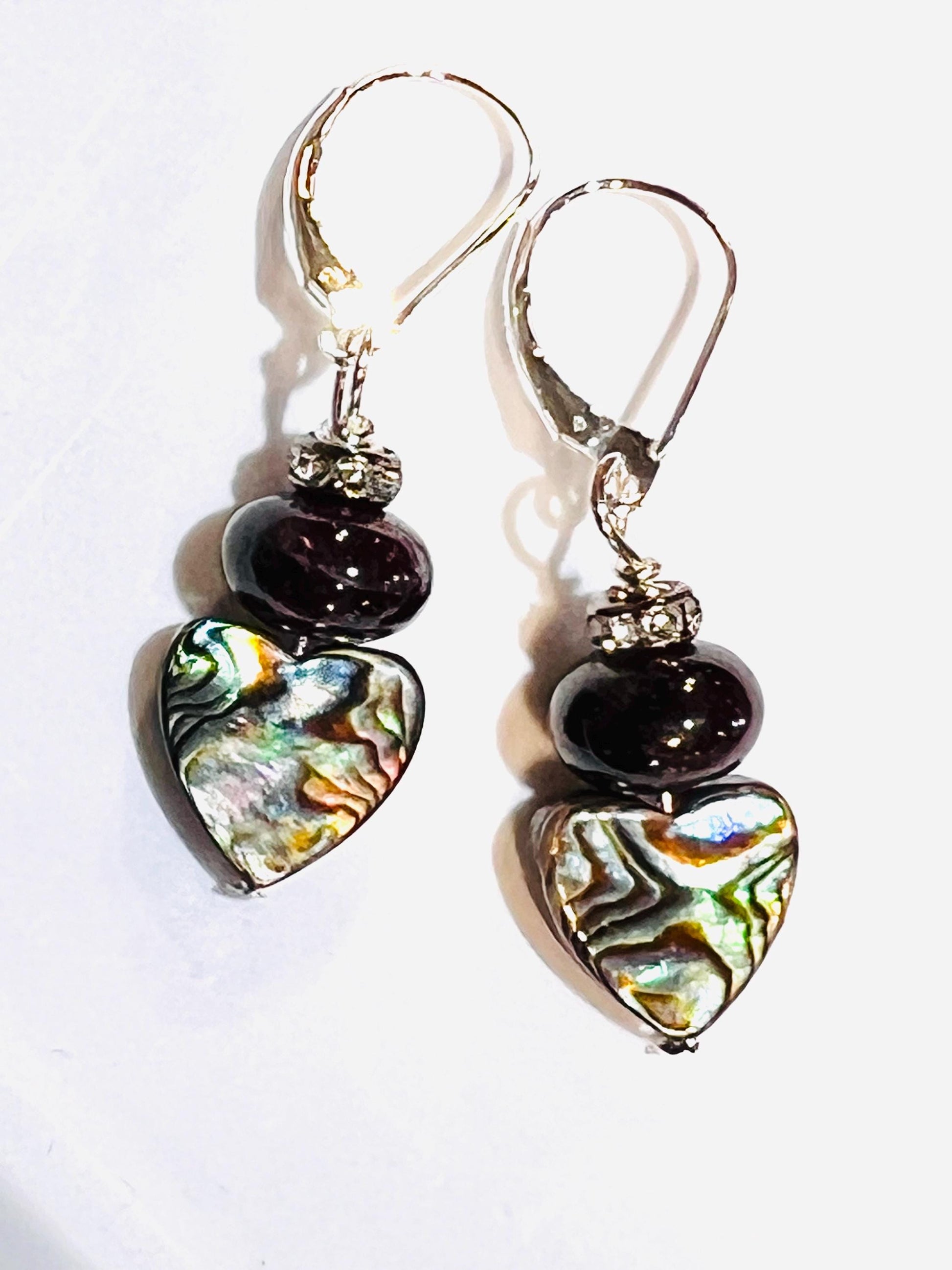 Genuine Abalone 12mm Heart shape double sided w/Garnet smooth 12mm and rhinestone spacer 925 Sterling silver earrings Handmade Gift for Her