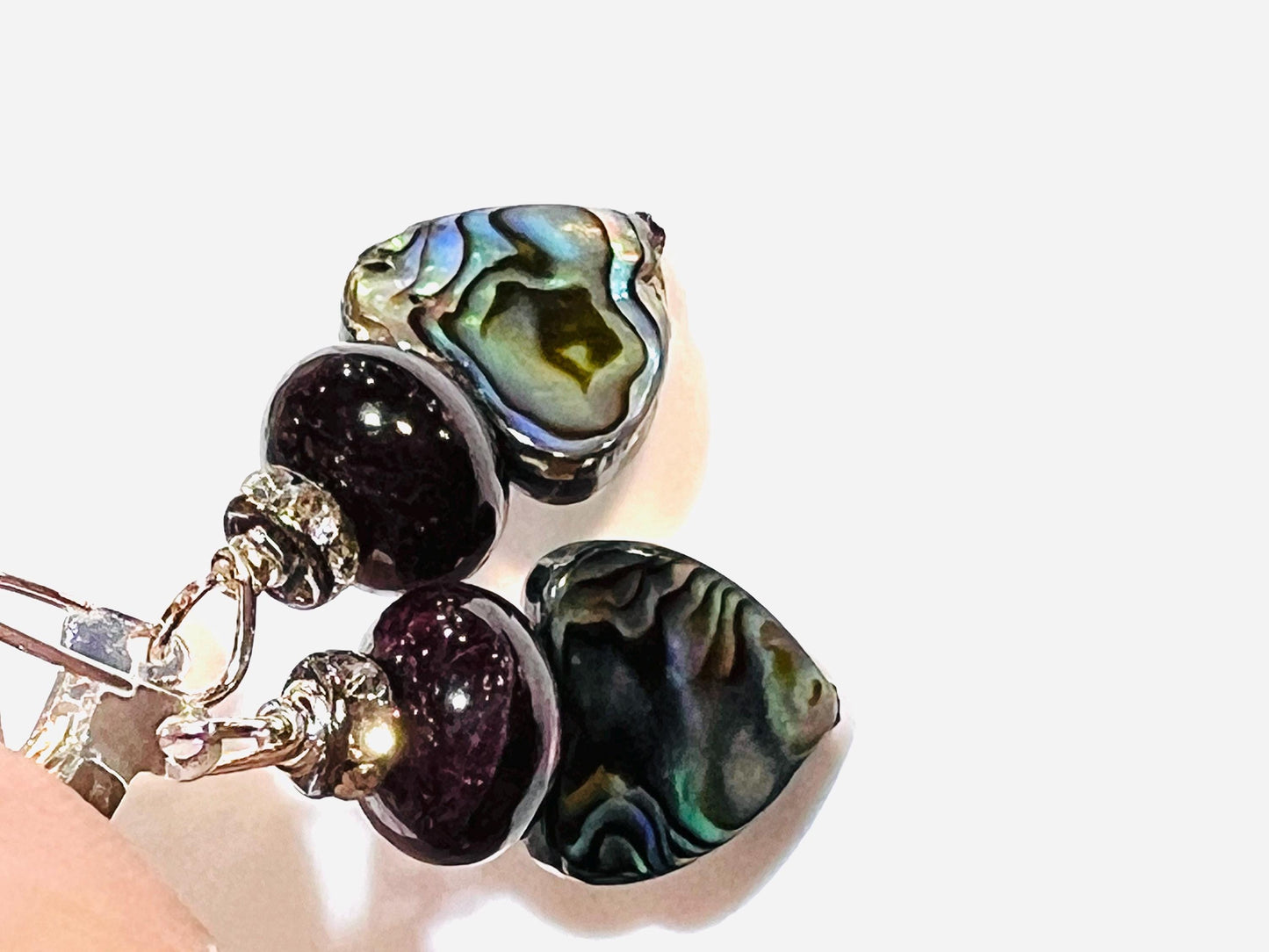 Genuine Abalone 12mm Heart shape double sided with Black Onyx 12mm and rhinestone spacer silver earrings Handmade Gift for Her